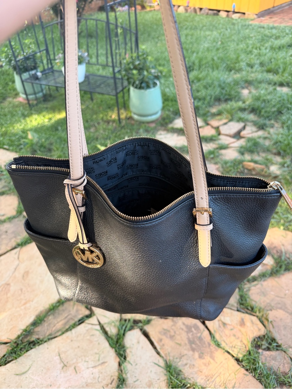 Michael Kors Black Leather Tote with Light Beige Straps - Picture 7 of 7